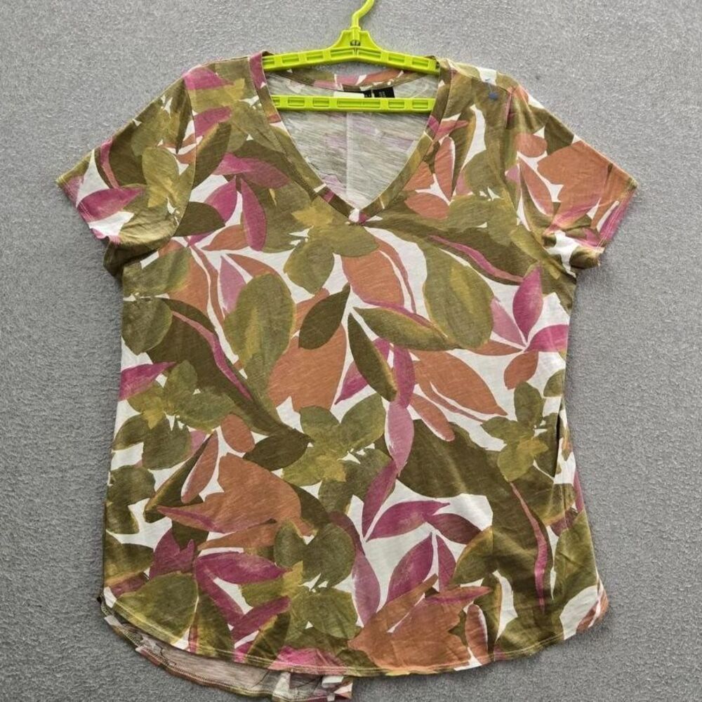 Tahari Women's V-neck Green and Pink Floral Print Cap Sleeve Top Size 1XT